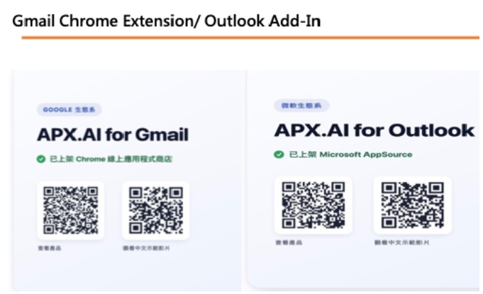 APX.AI brings secure file exchange directly into Gmail and Microsoft Outlook, helping users send large and sensitive files through familiar email workflows.
With the APX.AI Chrome Extension for Gmail and the APX.AI Outlook Add-in, users can replace traditional attachments with secure file links. This enables the exchange of files beyond standard attachment size limits while keeping the email message and file delivery connected.
Recipient-bound encryption restricts decryption to the designated recipient’s private key. Configurable expiration and access limits help control file availability, while exchange records provide visibility into delivery and download activity.
For organizations, these integrations extend APX.AI’s secure exchange capabilities to everyday communication, reducing the need to switch between email and separate file-sharing tools.
The QR codes provide convenient access to the installation pages and demonstration videos for each integration. Choose Gmail or Outlook to bring controlled, traceable file exchange into your daily workflow.